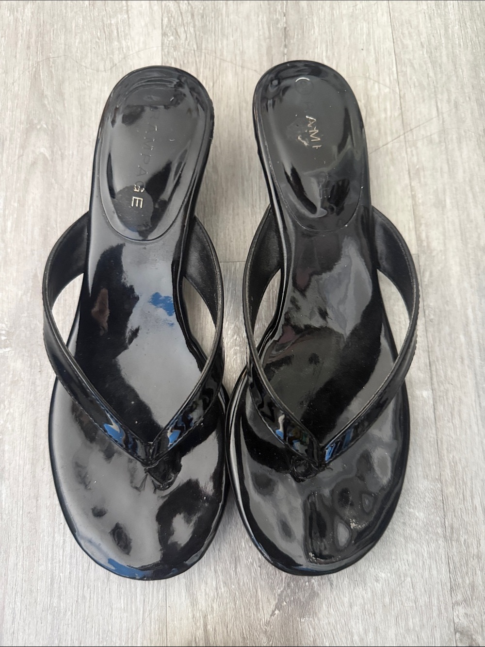 Rampage Black Patent Thong Mules